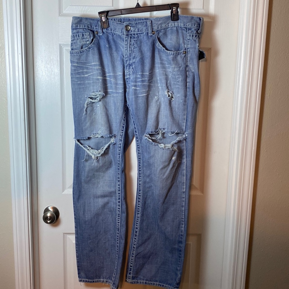 Request Jeans Premium Men Denim Blue Distressed Frayed Size 38x32